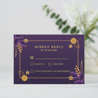 Paarse & Gouden Esthetiek Bloemrijke Bruiloft RSVP Kaartje