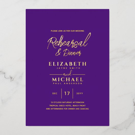Paarse Gouden Folie Huwelijksrepetitie en Diner Folie Uitnodiging (Voorkant)