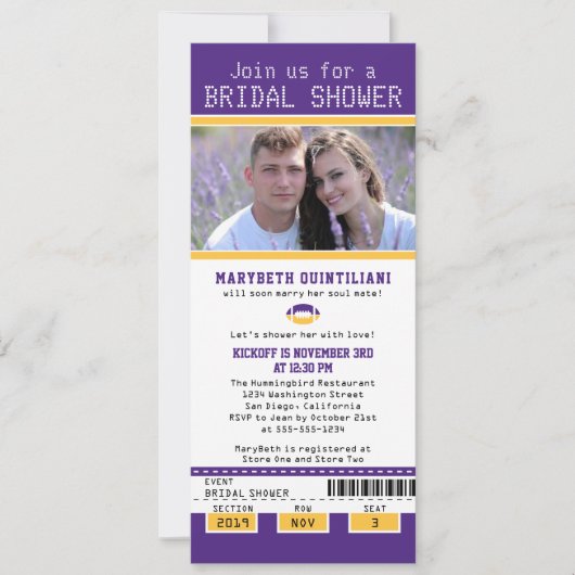 Paarse gouden Football Ticket Vrijgezellenfeest Kaart (Voorkant)