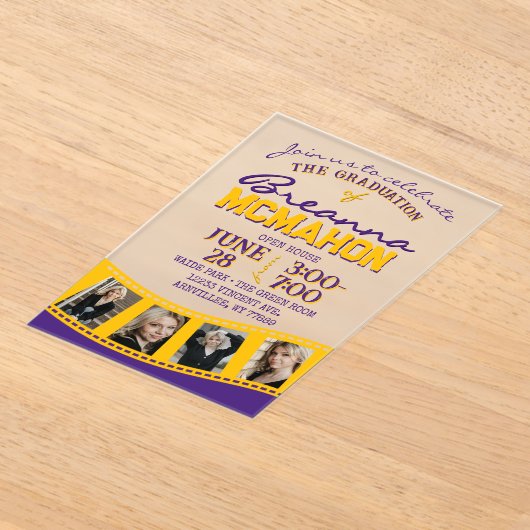 Paarse & Gouden Foto Afstuderen Filmstrip Frosted Acryl Uitnodigingen (Laagn)