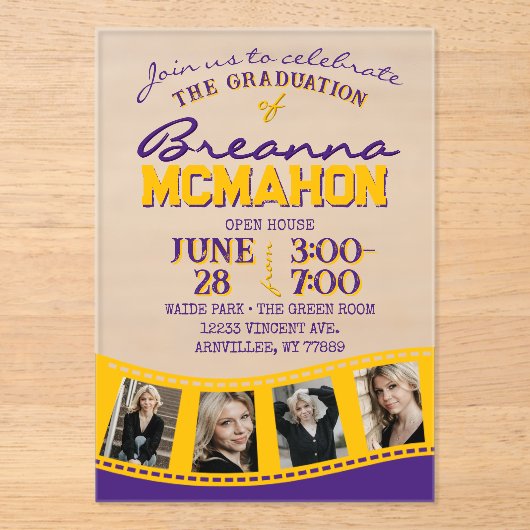 Paarse & Gouden Foto Afstuderen Filmstrip Frosted Acryl Uitnodigingen (Voorkant)