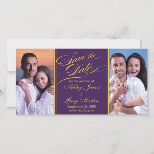 Paarse gouden foto-inkuiling bewaren de datum save the date (Voorkant)