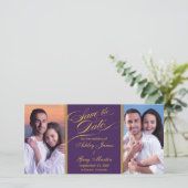 Paarse gouden foto-inkuiling bewaren de datum save the date (Staand voorkant)