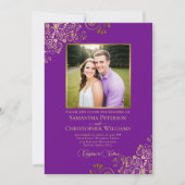 Paarse & Gouden Foto & QR Code Fancy Bruiloft Kaart (Voorkant)