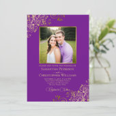 Paarse & Gouden Foto & QR Code Fancy Bruiloft Kaart (Staand voorkant)