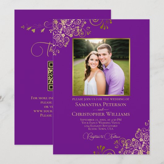 Paarse & Gouden Foto & QR Code Fancy Bruiloft Kaart (Voorkant / Achterkant)