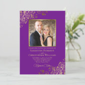 Paarse & Gouden Foto & QR Code Fancy Huwelijk Kaart (Staand voorkant)