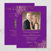 Paarse & Gouden Foto & QR Code Fancy Huwelijk Kaart (Voorkant / Achterkant)