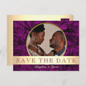 Paarse gouden foto's Sla de datum op Aankondigingskaart (Voorkant / Achterkant)