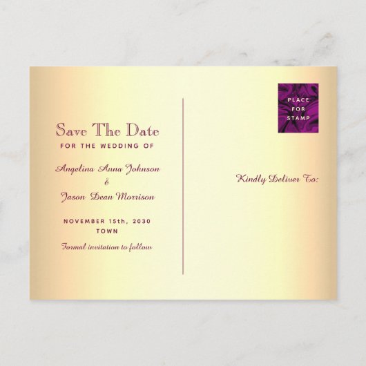 Paarse gouden foto's Sla de datum op Aankondigingskaart (Achterkant)