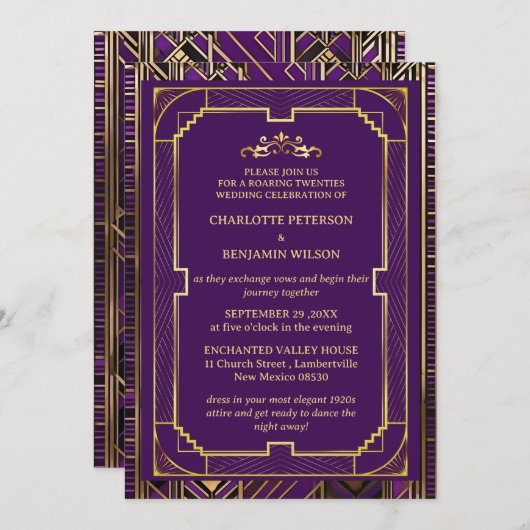 Paarse & Gouden Gatsby Art Deco 1920s Bruiloft Kaart (Voorkant / Achterkant)