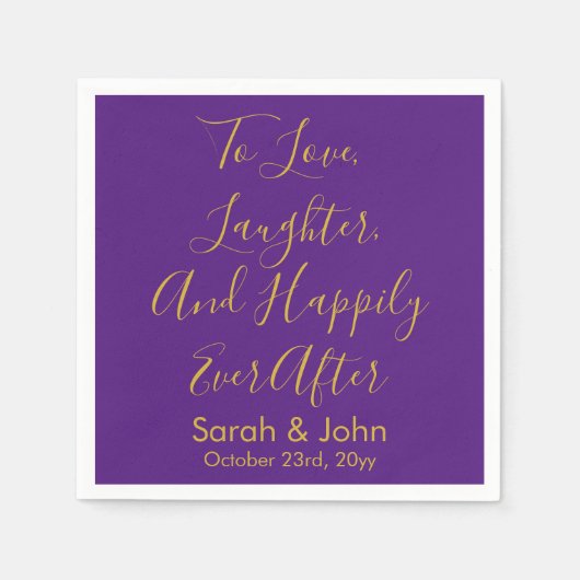 Paarse gouden gepersonaliseerde script bruiloft re servet (Voorkant)