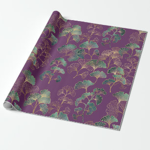 Paarse Gouden Ginkgo Japanse Botanische Patroon Cadeaupapier