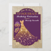 Paarse Gouden Glam Verjaardag Masquerade Uitnodigi Kaart (Voorkant)