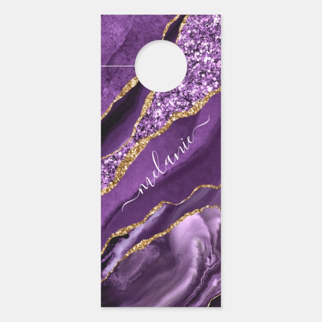 Paarse Gouden Glitter Aangepaste Naam Deur Hangers (Voorkant)