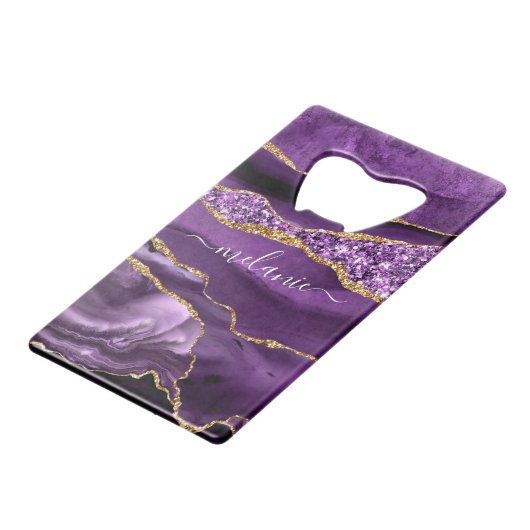 Paarse gouden glitter aangepaste naam flesopener creditkaart flessenopener (Voorkant Gekanteld)