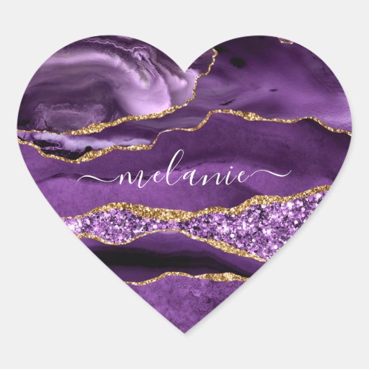 Paarse Gouden Glitter Aangepaste Naam Hart Sticker (Voorkant)