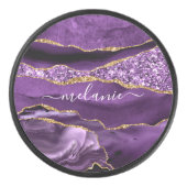 Paarse Gouden Glitter Aangepaste Naam Hockey Puck (Voorkant)