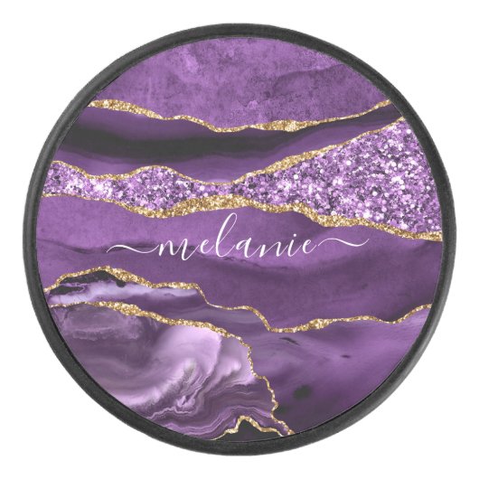 Paarse Gouden Glitter Aangepaste Naam Hockey Puck (Voorkant)