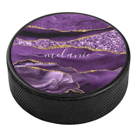 Paarse Gouden Glitter Aangepaste Naam Hockey Puck (3/4)