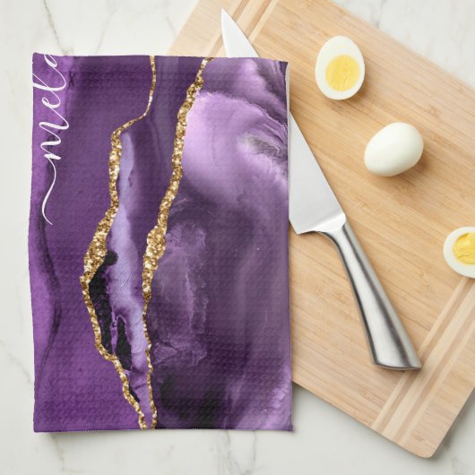 Paarse gouden glitter aangepaste naam keukenhanddo theedoek (Quarter Fold)