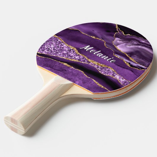 Paarse Gouden Glitter Aangepaste Naam Ping Pong Pa Tafeltennisbatje (Voorkant Gekanteld)