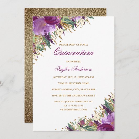 Paarse Gouden Glitter Amethist Bloemen Quinceanera Kaart (Voorkant / Achterkant)