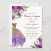 Paarse Gouden Glitter Amethist Jurk Quinceanera Kaart (Voorkant)