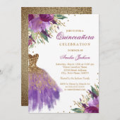 Paarse Gouden Glitter Amethist Jurk Quinceanera Kaart (Voorkant / Achterkant)