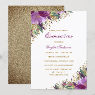 Paarse Gouden Glitter Amethyst Bloemige Quinceaner Kaart