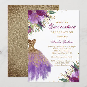 Paarse Gouden Glitter Amethyst Jurk Quinceanera Kaart