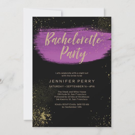 Paarse gouden glitter Bachelorette Party Uitnodigi Kaart (Voorkant)