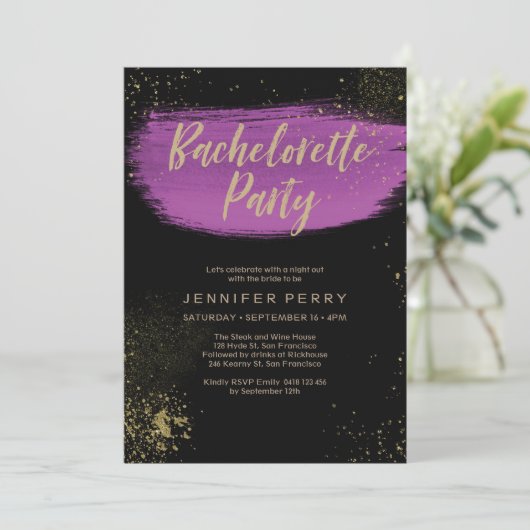 Paarse gouden glitter Bachelorette Party Uitnodigi Kaart (Staand voorkant)