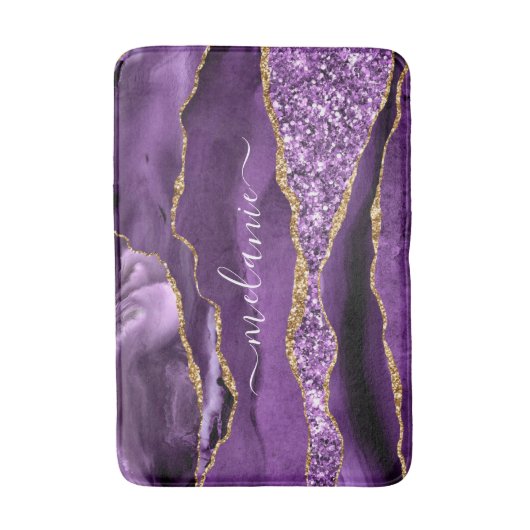 Paarse gouden glitter badmat met aangepaste naam (Voorkant Verticaal)