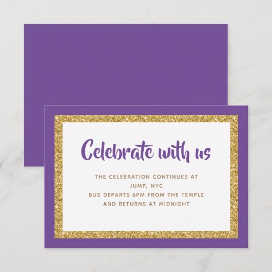 Paarse & Gouden Glitter Bar Mitswa Insert Kaart (Voorkant / Achterkant)