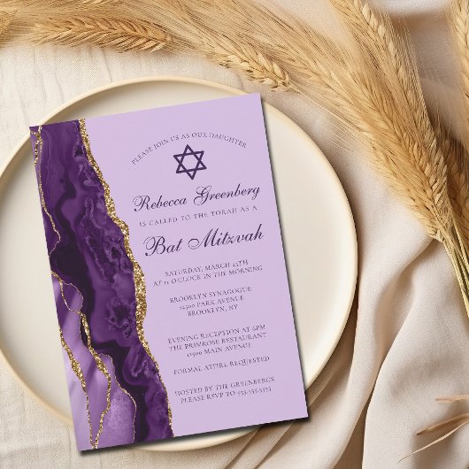 Paarse Gouden Glitter Bat Mitzvah Feest Kaart