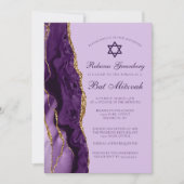 Paarse Gouden Glitter Bat Mitzvah Feest Kaart (Voorkant)