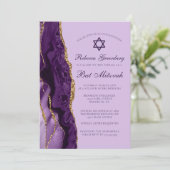 Paarse Gouden Glitter Bat Mitzvah Feest Kaart (Staand voorkant)