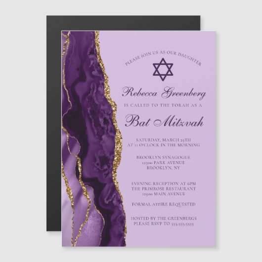 Paarse Gouden Glitter Bat Mitzvah Feest Magnetische Uitnodiging (Voorkant / Achterkant)