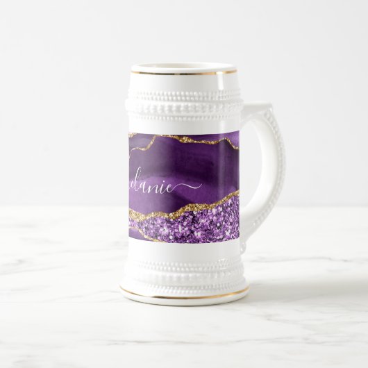 Paarse Gouden Glitter Beer Stein met aangepaste na Bierpul (Voorkant rechts)