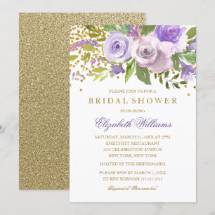 Paarse Gouden Glitter Bloemachtige Bruiloft Uitnod Kaart