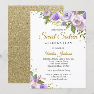 Paarse Gouden Glitter Bloemachtige Sweet Sixteen U Kaart