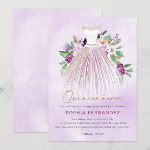 Paarse gouden glitter bloemenjurk quinceañera kaart