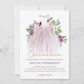 Paarse gouden glitter bloemenjurk quinceañera kaart (Voorkant)
