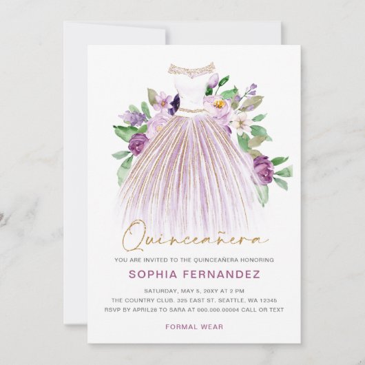 Paarse gouden glitter bloemenjurk quinceañera kaart (Voorkant)
