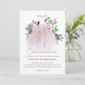 Paarse gouden glitter bloemenjurk quinceañera kaart (Staand voorkant)