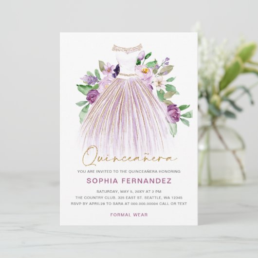 Paarse gouden glitter bloemenjurk quinceañera kaart (Staand voorkant)