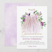 Paarse gouden glitter bloemenjurk quinceañera kaart (Voorkant / Achterkant)