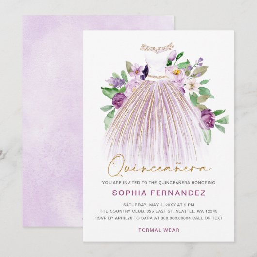 Paarse gouden glitter bloemenjurk quinceañera kaart (Voorkant / Achterkant)