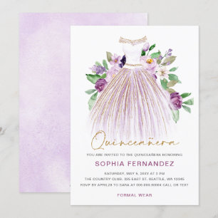 Paarse gouden glitter bloemenjurk quinceañera kaart